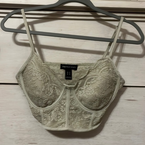 Streetwear Society Tops - Streetwear Society Womens Lace Bustier Crop Top Sage Green Floral Corset Medium